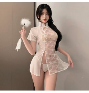 FEE ET MOI - Sexy Lace Splicing See-Through Cheongsam (White)